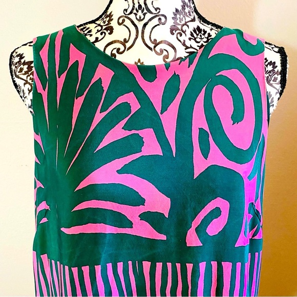 Whistle 100% Silk Green and Pink Sleeveless Shift Mini Dress Sz-10 - Picture 3 of 8